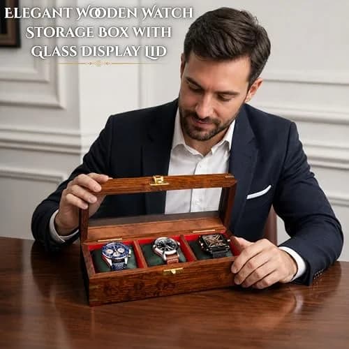 Royal Craft Expertise 3 Slot Handmade Wooden Watch Box | Indian Rosewood Timepiece Organizer with Glass Lid, Soft Velvet Cushions thumbnail 5