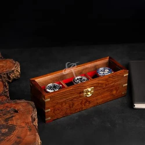Royal Craft Expertise 3 Slot Handmade Wooden Watch Box | Indian Rosewood Timepiece Organizer with Glass Lid, Soft Velvet Cushions thumbnail 6