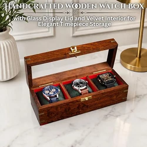 Royal Craft Expertise 3 Slot Handmade Wooden Watch Box | Indian Rosewood Timepiece Organizer with Glass Lid, Soft Velvet Cushions thumbnail 7