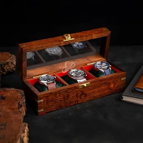 Royal Craft Expertise 3 Slot Handmade Wooden Watch Box | Indian Rosewood Timepiece Organizer with Glass Lid, Soft Velvet Cushions thumbnail 8