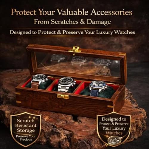 Royal Craft Expertise 3 Slot Handmade Wooden Watch Box | Indian Rosewood Timepiece Organizer with Glass Lid, Soft Velvet Cushions thumbnail 2