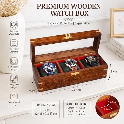 Royal Craft Expertise 3 Slot Handmade Wooden Watch Box | Indian Rosewood Timepiece Organizer with Glass Lid, Soft Velvet Cushions thumbnail 3