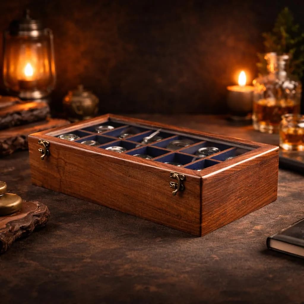 Royal Craft Expertise 4 Slot Wooden Watch Box Organizer | Vintage Brown, Rosewood Lined, Glass Top — 12 SLOTS