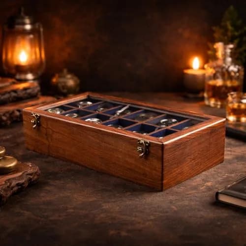 Royal Craft Expertise 12 Slot Handmade Wooden Watch Box with Glass Lid & Velvet Cushions | Indian Rosewood Timepiece Display Case for Men & Women thumbnail 1