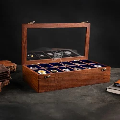 Royal Craft Expertise 12 Slot Handmade Wooden Watch Box with Glass Lid & Velvet Cushions | Indian Rosewood Timepiece Display Case for Men & Women thumbnail 6