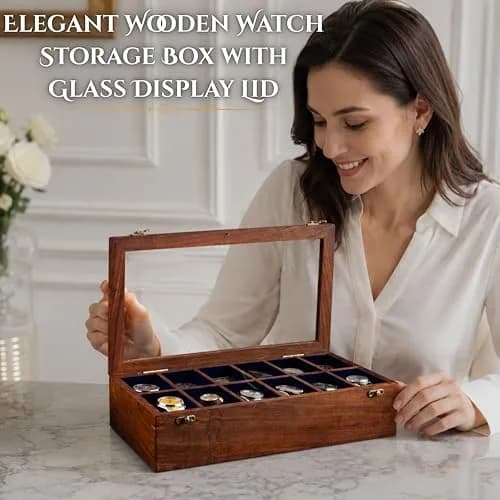 Royal Craft Expertise 12 Slot Handmade Wooden Watch Box with Glass Lid & Velvet Cushions | Indian Rosewood Timepiece Display Case for Men & Women thumbnail 7