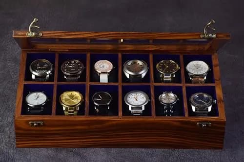 Royal Craft Expertise 12 Slot Handmade Wooden Watch Box with Glass Lid & Velvet Cushions | Indian Rosewood Timepiece Display Case for Men & Women thumbnail 9