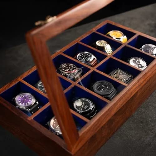 Royal Craft Expertise 12 Slot Handmade Wooden Watch Box with Glass Lid & Velvet Cushions | Indian Rosewood Timepiece Display Case for Men & Women thumbnail 3
