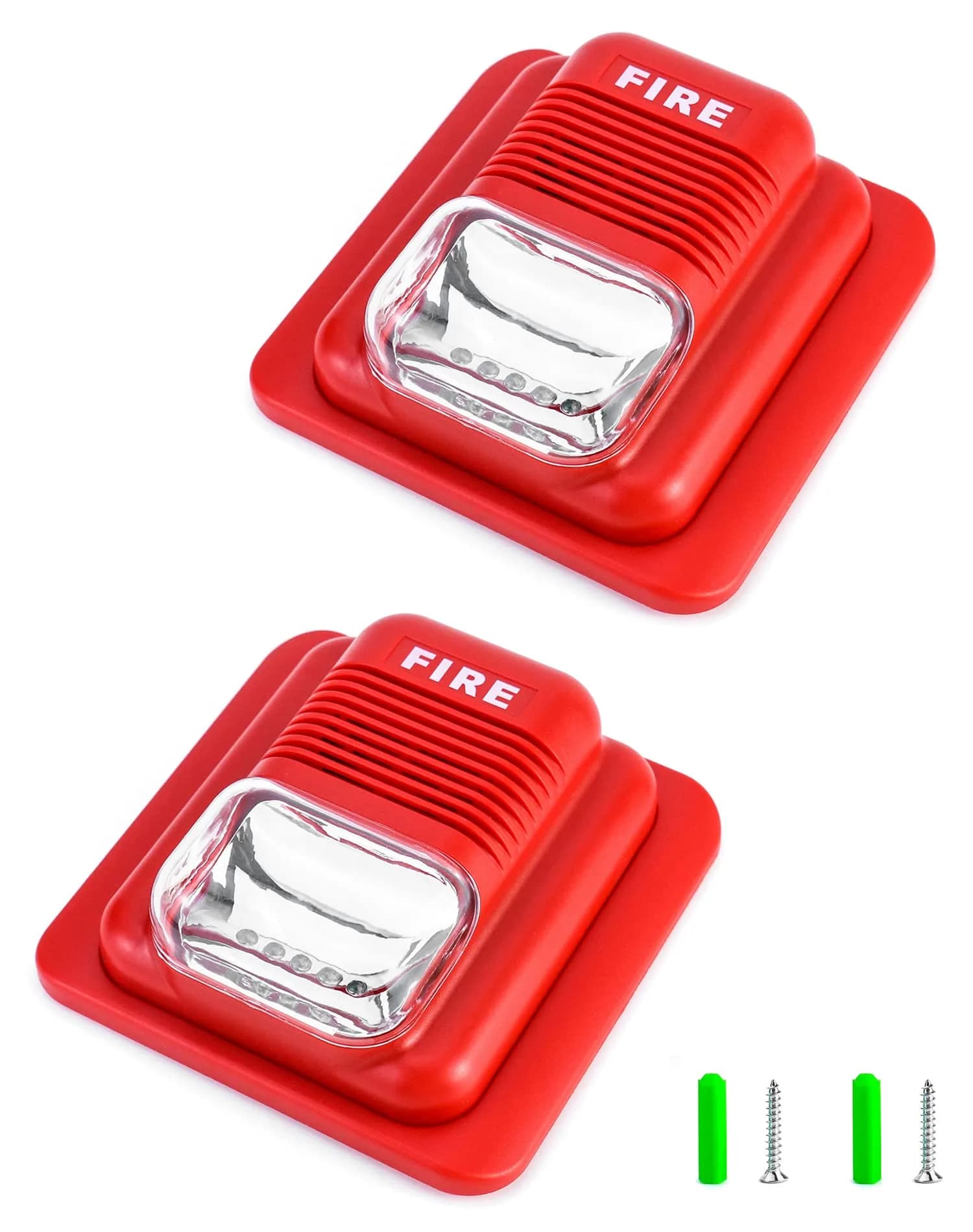 QWORK Red Wired Sound and Light Fire Alarm Strobe Siren Horn 2-Pack | 105dB Loud Alarm with 6 Bright LEDs — Red