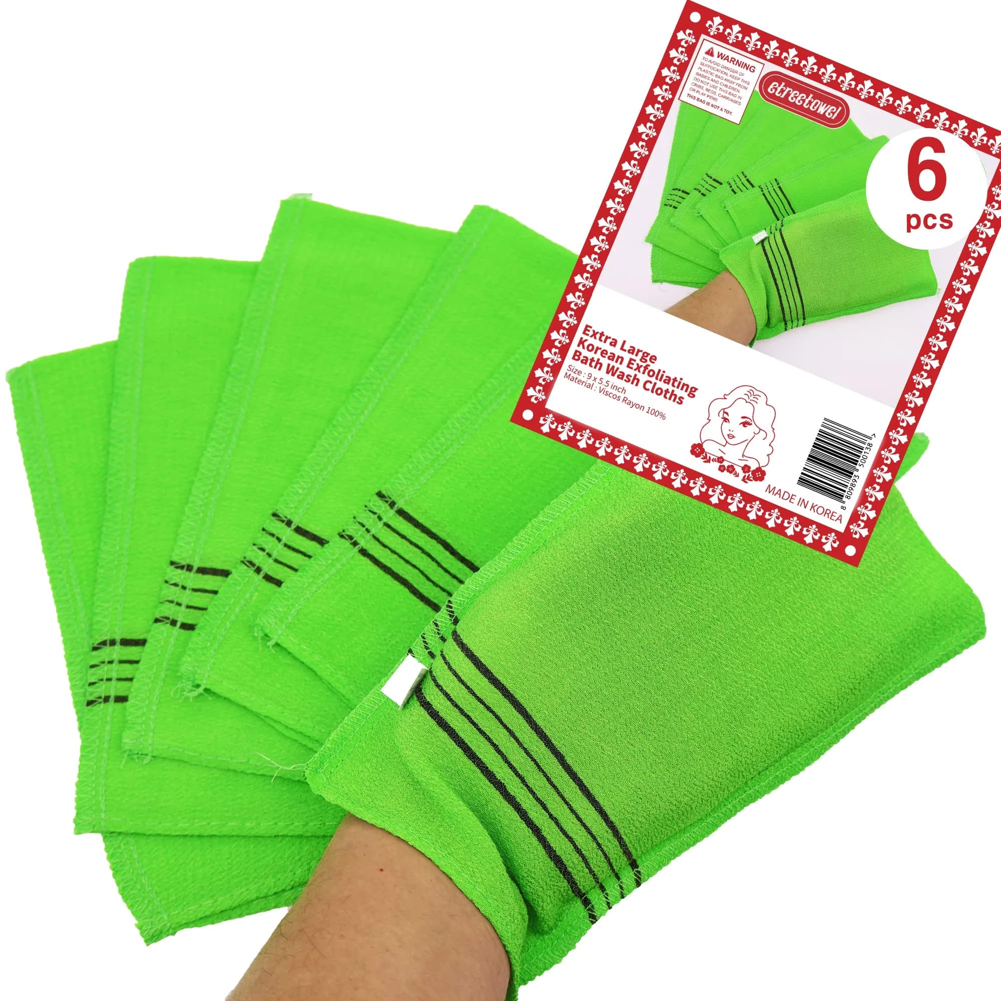 etreetowel Extra Large Korean Asian Exfoliating Bath Washcloth Mitt Scrub 39cm x 14cm (6 PCs) | Removes Dead Skin for Soft Skin — 6 Pcs of Extra Large (9.9" X 5.5")