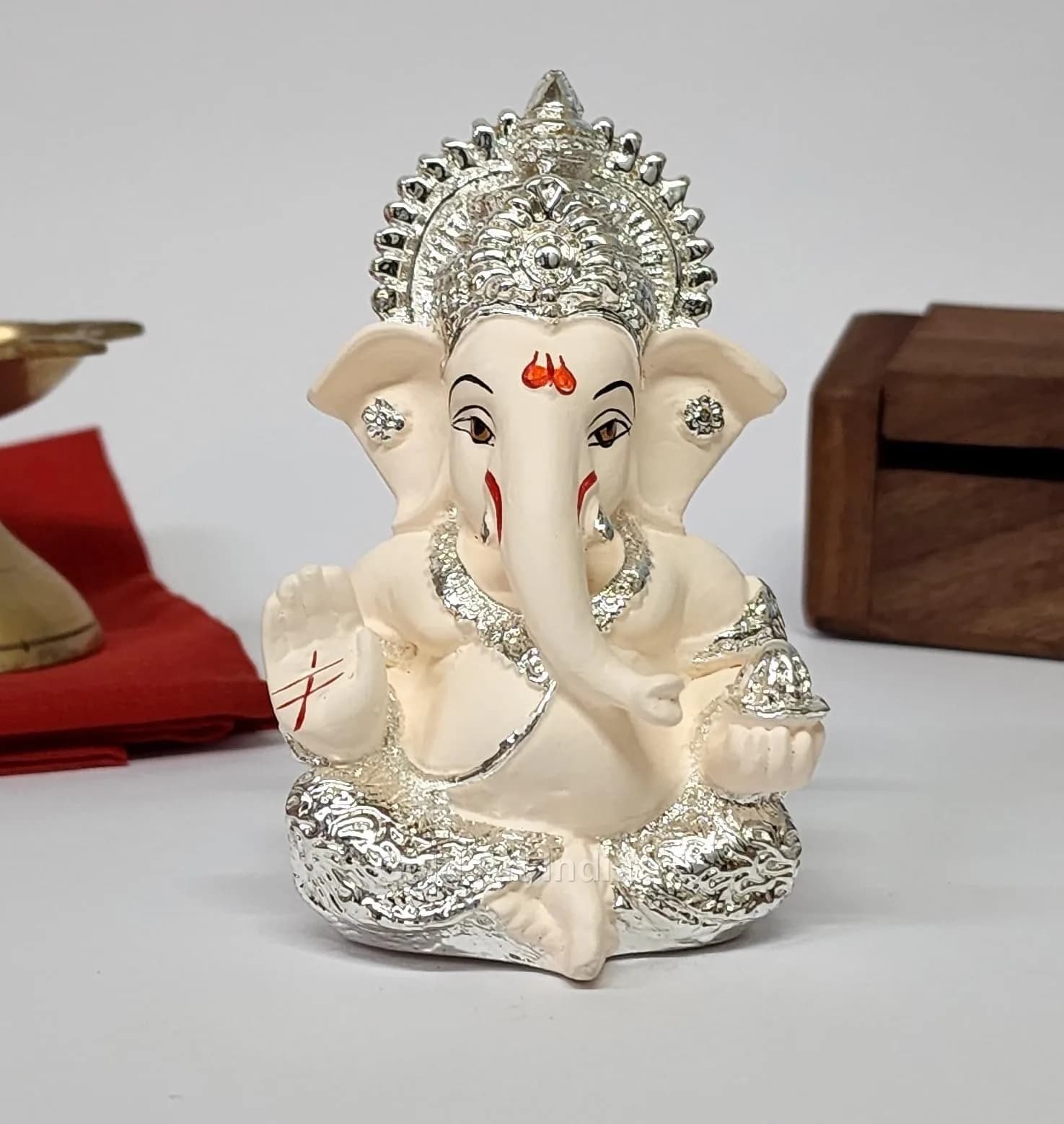Gold Art India 999 Silver Plated Ganesha Idol 8.89cm (3.5 Inches) | Exquisite Indian Handicraft for Home & Car - main product image