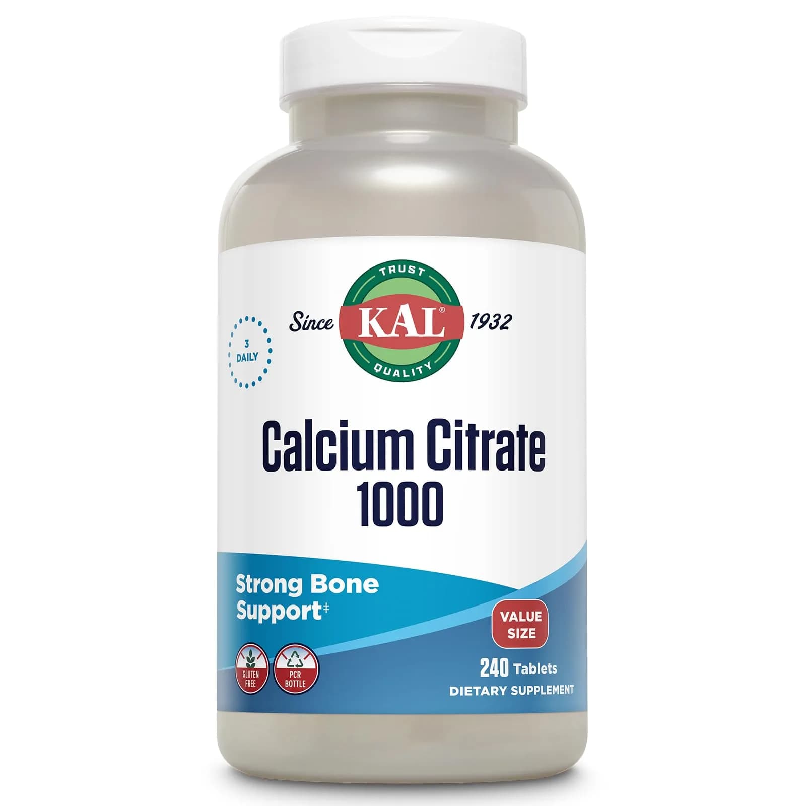 KAL Calcium Citrate 1000 mg 240 Tablets | Bone, Teeth, Muscle & Heart Support — Chelated Calcium Citrate — 80 Servings — Gluten Free, Lab Verified — Tablet