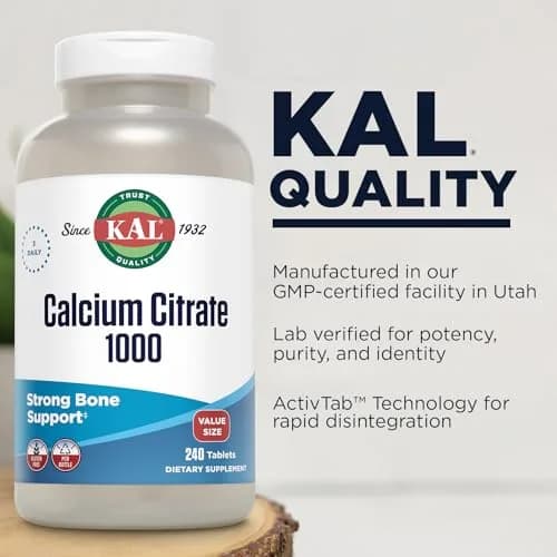 KAL Calcium Citrate 1000 mg 240 Tablets | Bone, Teeth, Muscle & Heart Support — Chelated Calcium Citrate — 80 Servings — Gluten Free, Lab Verified thumbnail 4