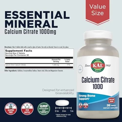 KAL Calcium Citrate 1000 mg 240 Tablets | Bone, Teeth, Muscle & Heart Support — Chelated Calcium Citrate — 80 Servings — Gluten Free, Lab Verified thumbnail 2