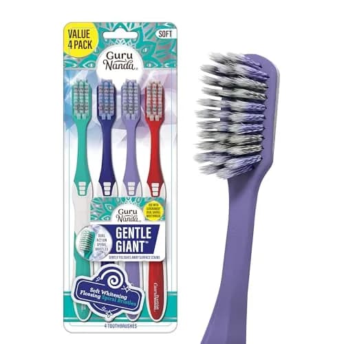 GuruNanda Gentle Giant Toothbrush with Dual Action Flossing Spiral Bristles, Non-Slip Ergo Dexa Grip, BPA Free Manual Toothbrushes, Assorted Colors, 4 Count thumbnail 1