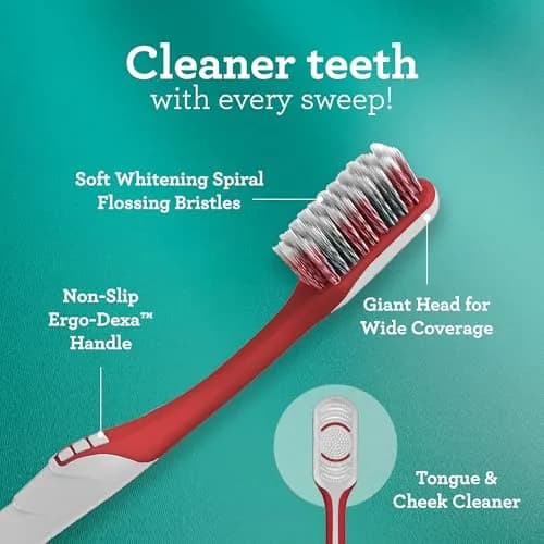 GuruNanda Gentle Giant Toothbrush with Dual Action Flossing Spiral Bristles, Non-Slip Ergo Dexa Grip, BPA Free Manual Toothbrushes, Assorted Colors, 4 Count thumbnail 4
