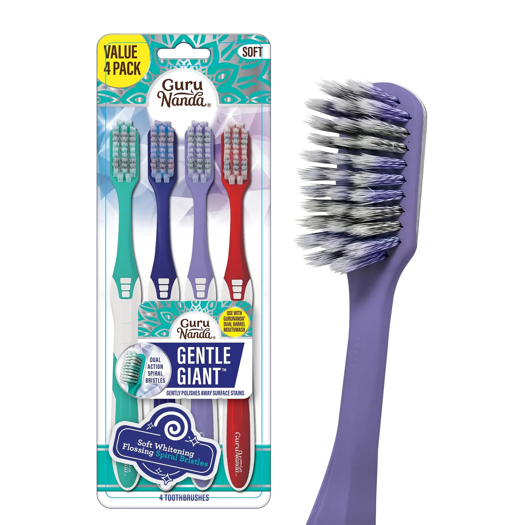 GuruNanda Gentle Giant Toothbrush with Dual Action Flossing Spiral Bristles, Non-Slip Ergo Dexa Grip, BPA Free Manual Toothbrushes, Assorted Colors, 4 Count — Whitening