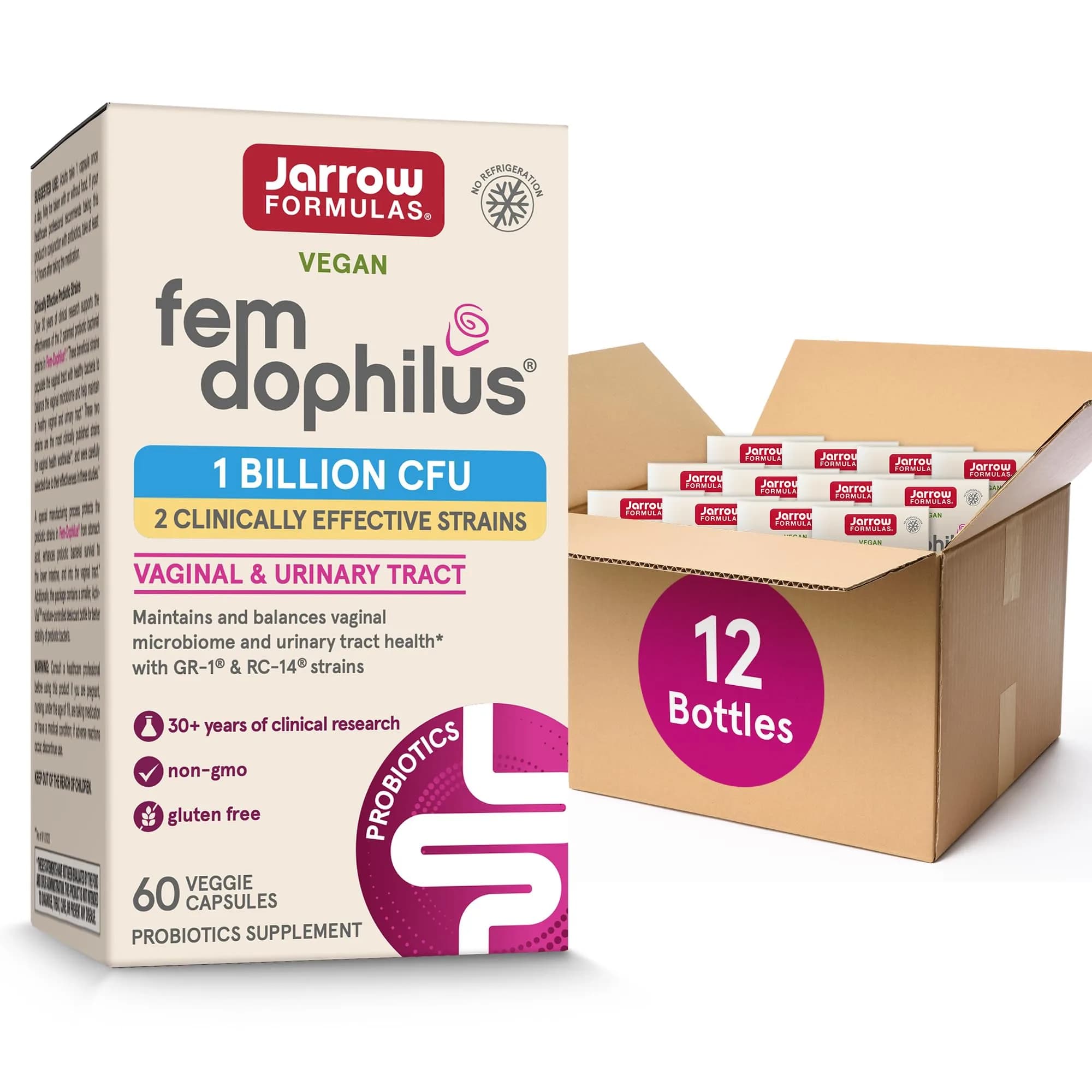 Jarrow Formulas Fem-Dophilus Probiotics 60 Veggie Caps (Pack of 12) | Vaginal & Urinary Tract Support - main product image
