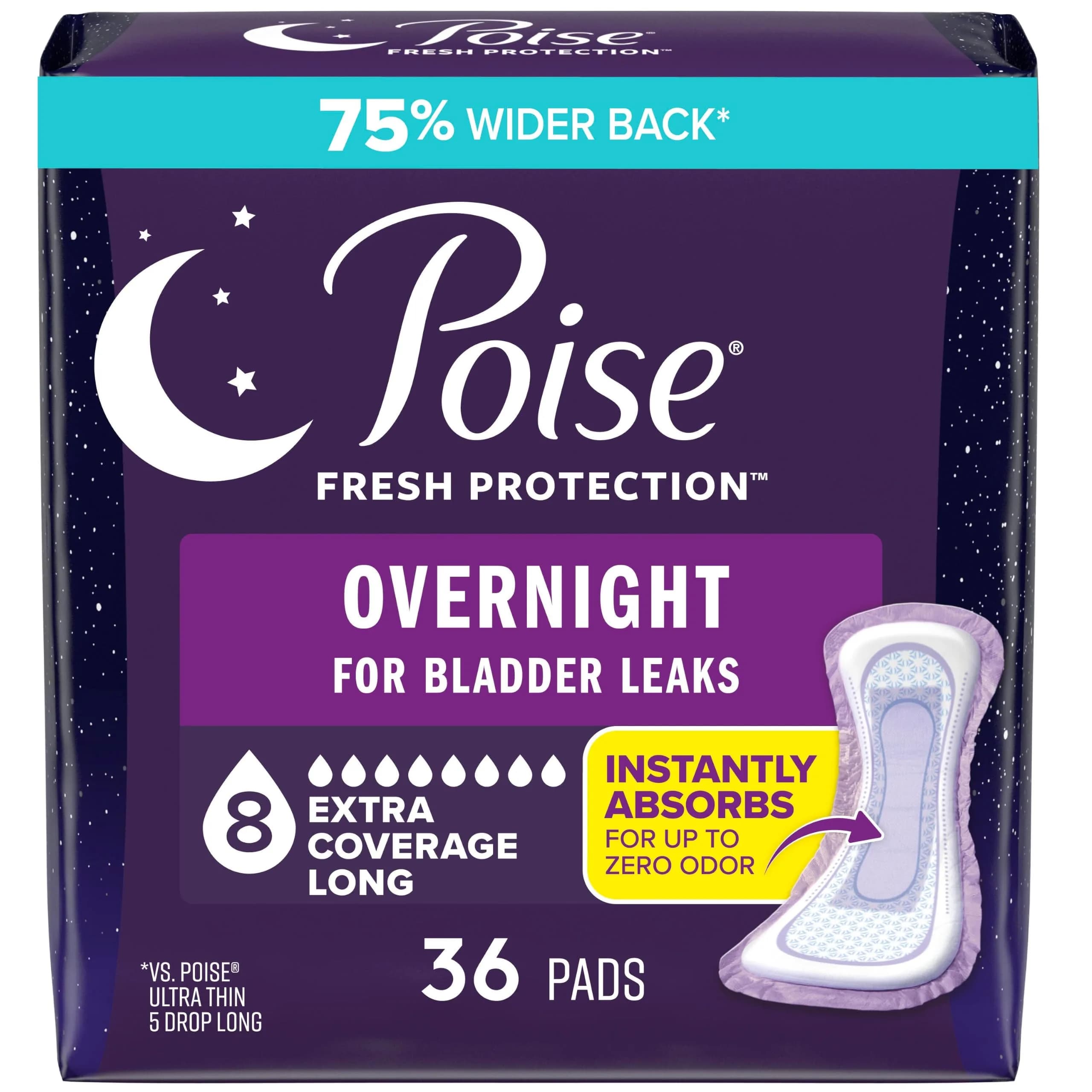 Poise Overnight Incontinence Pads for Women, 8 Drop Extra Coverage, 36 Count (1.56 kg) - main product image