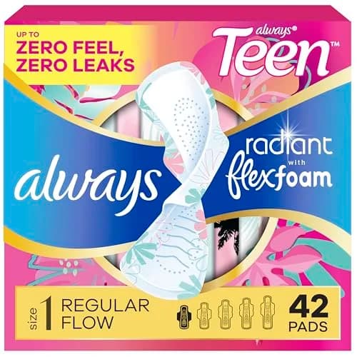Always Radiant Teen Pads Size 1 Regular with Wings Unscented 42 Count | Dermatologist Tested & Skin Health Alliance Approved thumbnail 1
