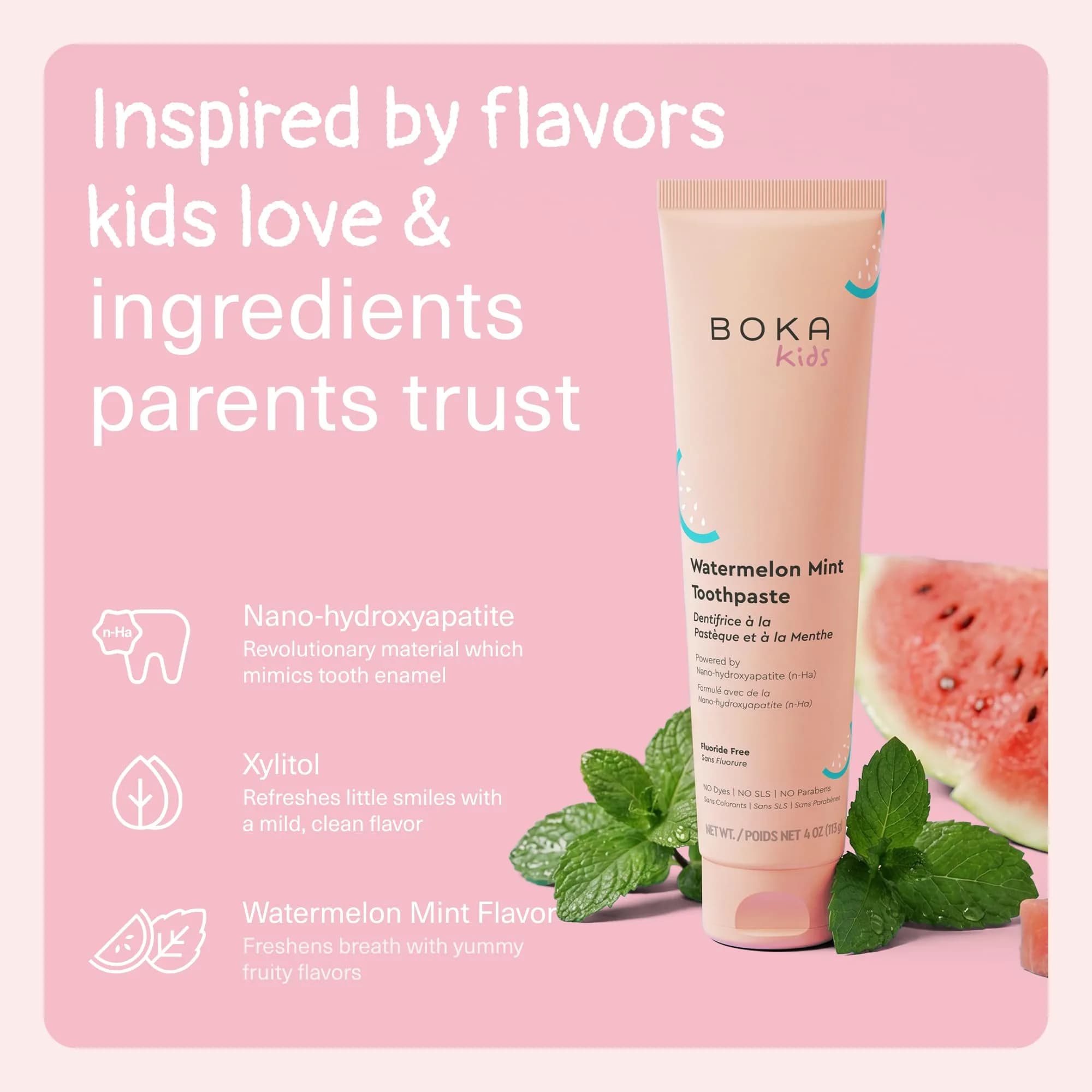 Boka Watermelon Mint Fluoride-Free Toothpaste for Kids, 4 oz | USA Imported Nano Hydroxyapatite Formula - view 2
