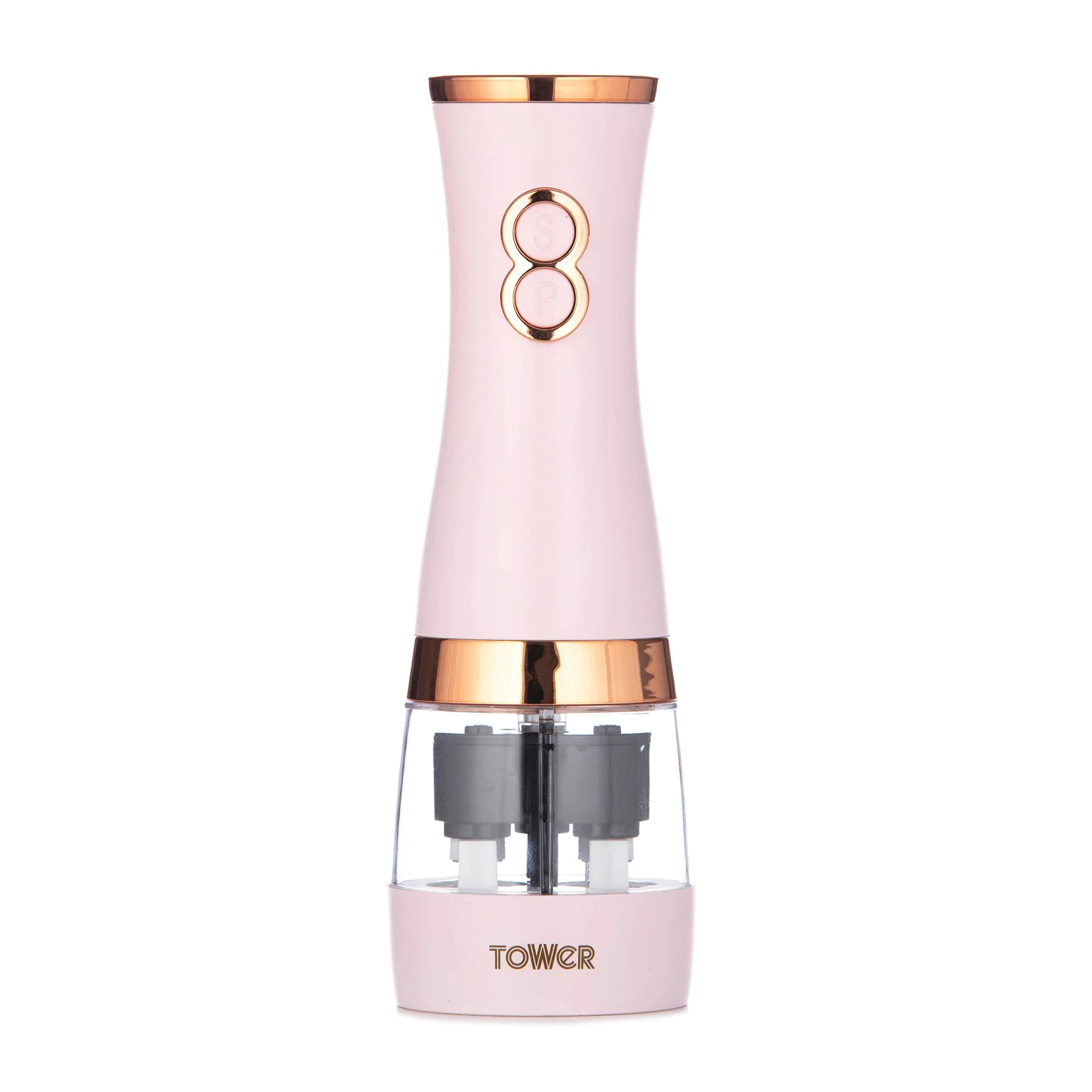 Tower T847004MNB Electric Salt and Pepper Mills 0.28kg (7cm x 21.5cm) | Adjustable Ceramic Grinders, Midnight Blue & Rose Gold