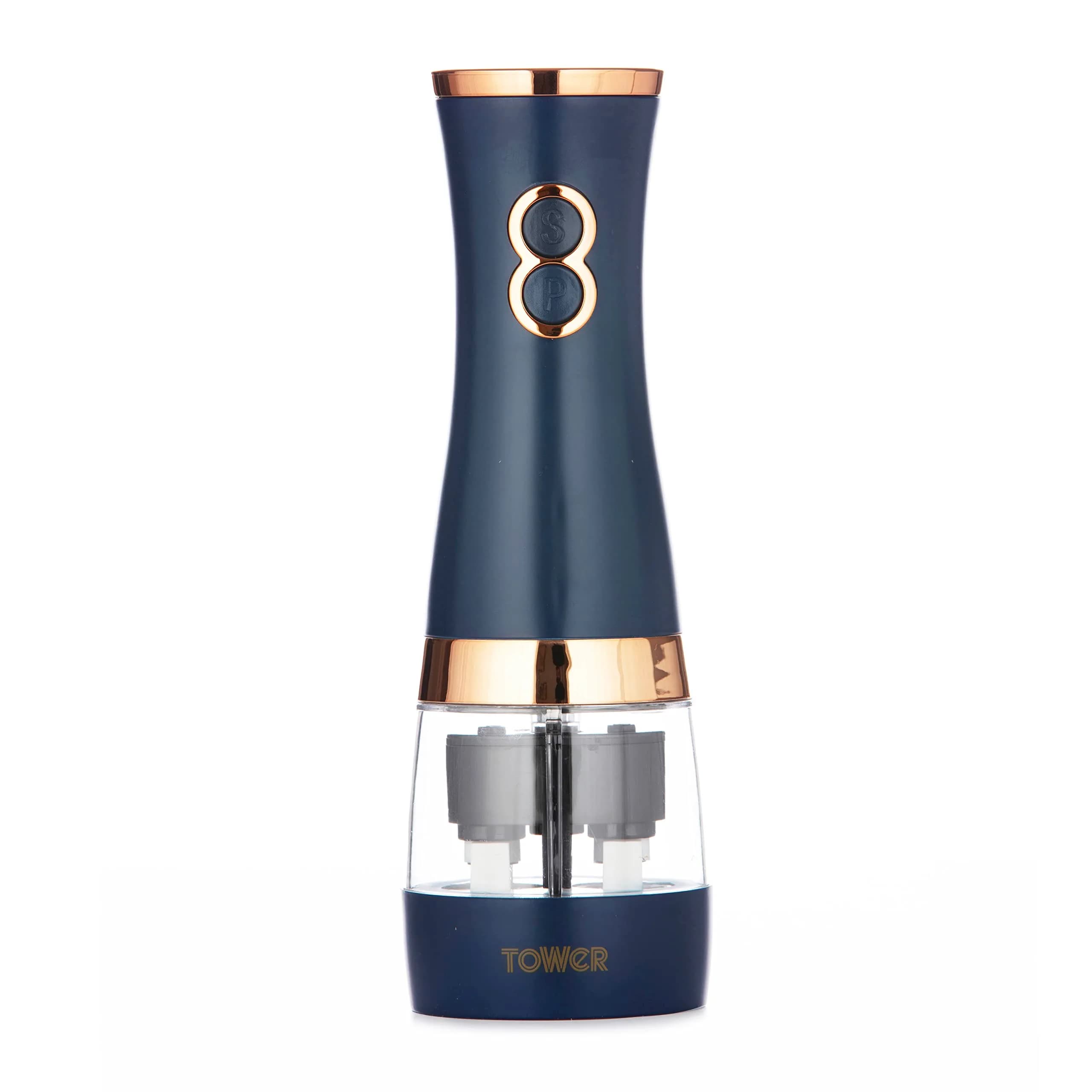 Tower T847004MNB Electric Salt and Pepper Mills 0.28kg (7cm x 21.5cm) | Adjustable Ceramic Grinders, Midnight Blue & Rose Gold — Midnight Blue