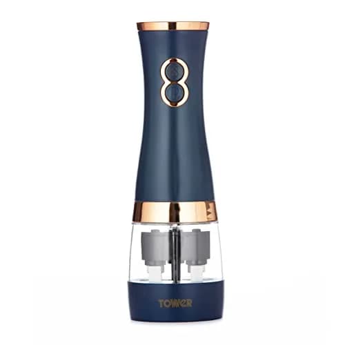 Tower T847004MNB Electric Salt and Pepper Mills 0.28kg (7cm x 21.5cm) | Adjustable Ceramic Grinders, Midnight Blue & Rose Gold thumbnail 1