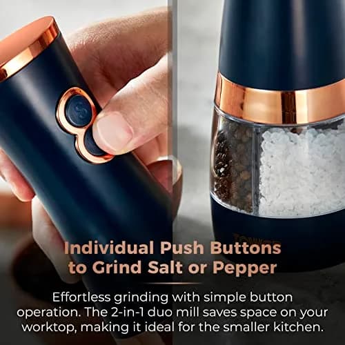 Tower T847004MNB Electric Salt and Pepper Mills 0.28kg (7cm x 21.5cm) | Adjustable Ceramic Grinders, Midnight Blue & Rose Gold thumbnail 5