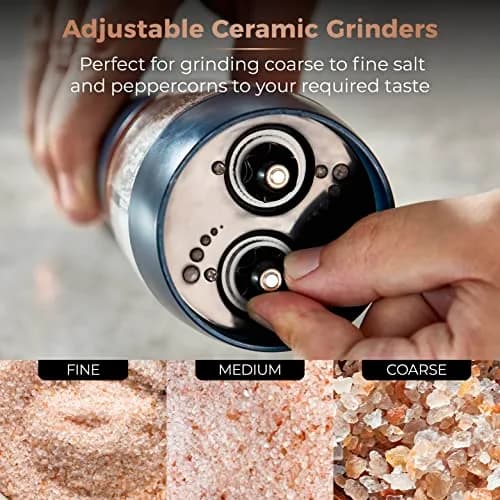 Tower T847004MNB Electric Salt and Pepper Mills 0.28kg (7cm x 21.5cm) | Adjustable Ceramic Grinders, Midnight Blue & Rose Gold thumbnail 6