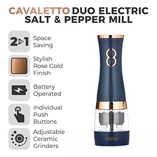Tower T847004MNB Electric Salt and Pepper Mills 0.28kg (7cm x 21.5cm) | Adjustable Ceramic Grinders, Midnight Blue & Rose Gold thumbnail 2