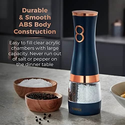 Tower T847004MNB Electric Salt and Pepper Mills 0.28kg (7cm x 21.5cm) | Adjustable Ceramic Grinders, Midnight Blue & Rose Gold thumbnail 3