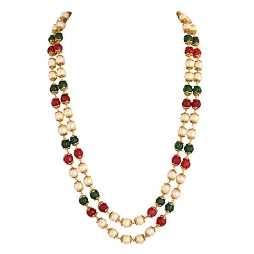 Ratnavali Jewels Pearl Necklace with Red, Green & White Beads | Flawless Round Pearls, Brass Clasp (28cm | 11in) thumbnail 1