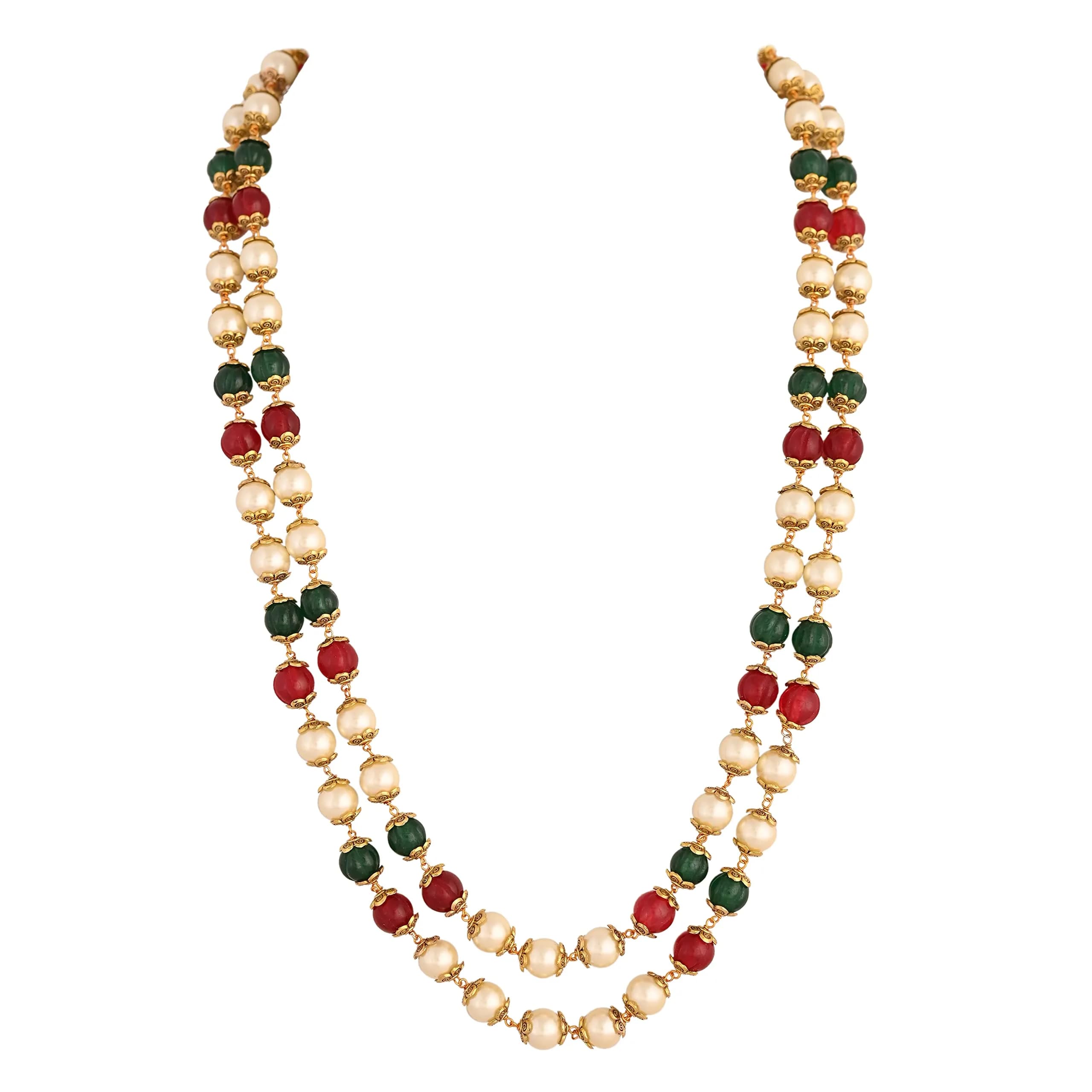 Ratnavali Jewels Pearl Necklace with Red, Green & White Beads | Flawless Round Pearls, Brass Clasp (28cm | 11in)