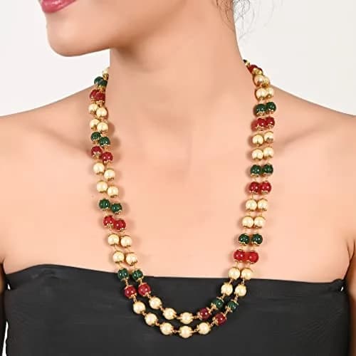 Ratnavali Jewels Pearl Necklace with Red, Green & White Beads | Flawless Round Pearls, Brass Clasp (28cm | 11in) thumbnail 2