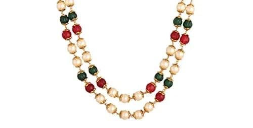 Ratnavali Jewels Pearl Necklace with Red, Green & White Beads | Flawless Round Pearls, Brass Clasp (28cm | 11in) thumbnail 3
