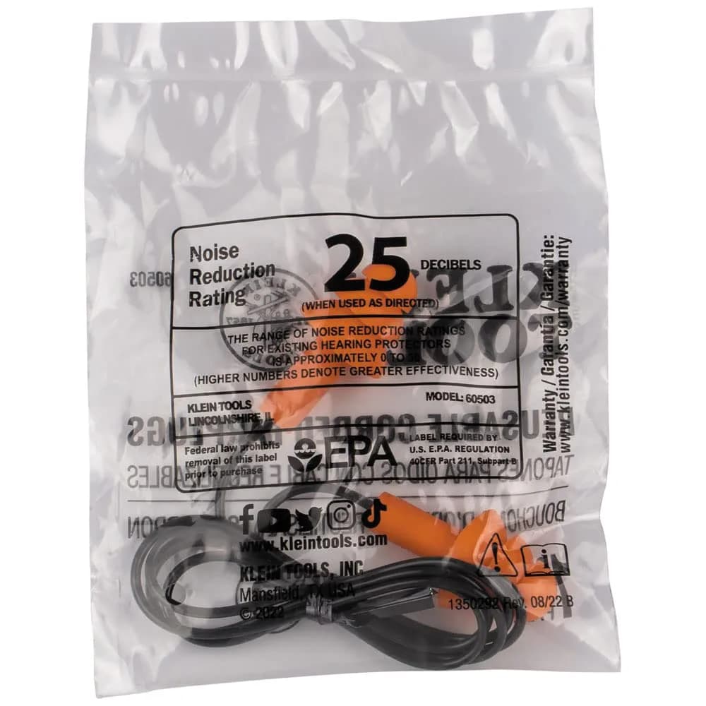 Klein Tools 6050350 Corded Earplugs, 25dB NRR, 50-Pair Dispenser Pack | Reusable Noise Reduction for Construction & Loud Environments - view 6