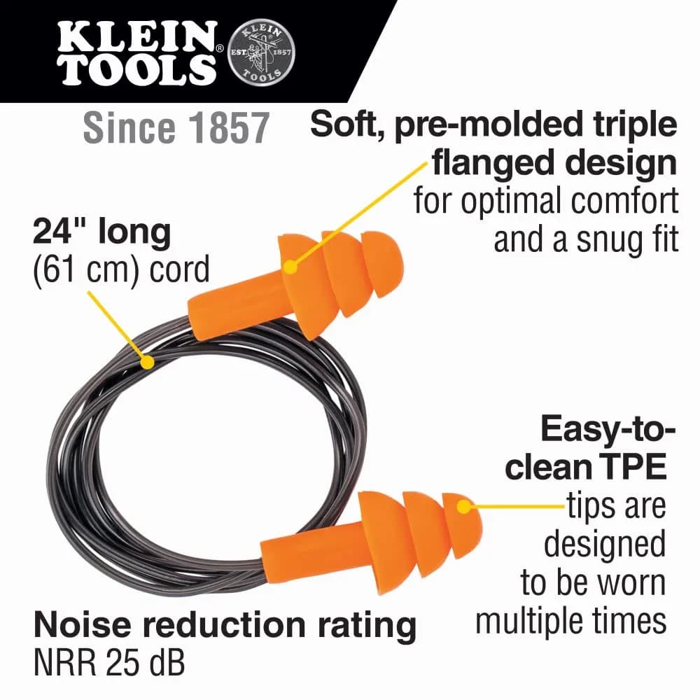 Klein Tools 6050350 Corded Earplugs, 25dB NRR, 50-Pair Dispenser Pack | Reusable Noise Reduction for Construction & Loud Environments - view 2