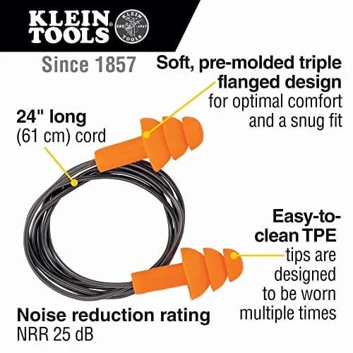 Klein Tools 6050350 Corded Earplugs, 25dB NRR, 50-Pair Dispenser Pack | Reusable Noise Reduction for Construction & Loud Environments thumbnail 2