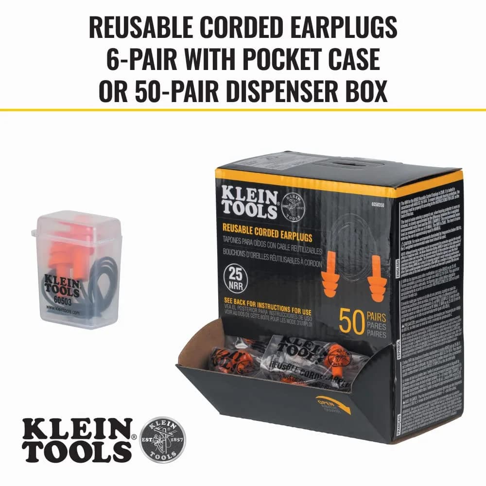 Klein Tools 6050350 Corded Earplugs, 25dB NRR, 50-Pair Dispenser Pack | Reusable Noise Reduction for Construction & Loud Environments - view 3