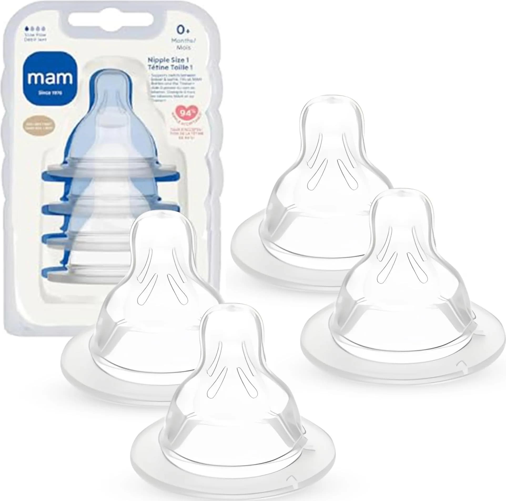 MAM Baby Bottle Anti-Colic Slow Flow Nipples 4 Pack | Breast-Like Silicone for All MAM Bottles