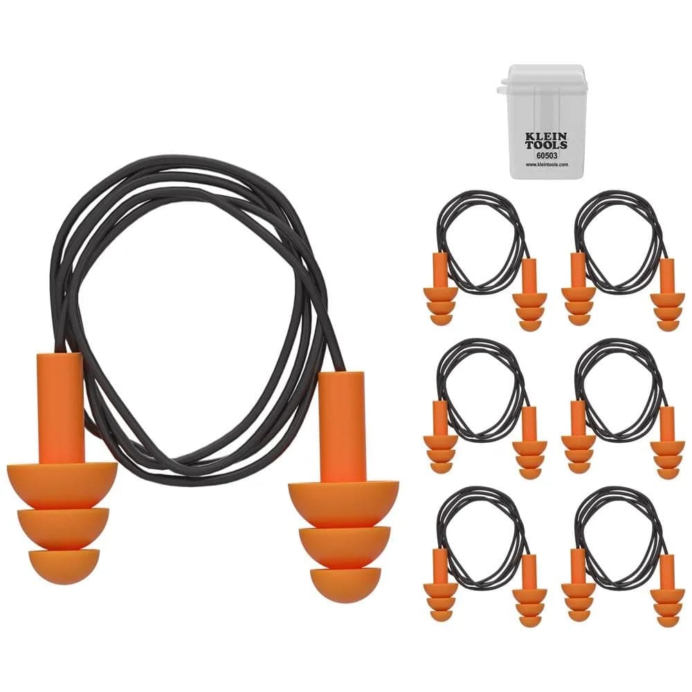 Klein Tools Corded Earplugs 25dB NRR Orange 6-Pack | Reusable Noise Protection with Case - main product image