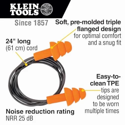 Klein Tools Corded Earplugs 25dB NRR Orange 6-Pack | Reusable Noise Protection with Case thumbnail 2