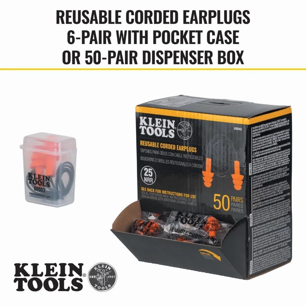 Klein Tools Corded Earplugs 25dB NRR Orange 6-Pack | Reusable Noise Protection with Case - view 3