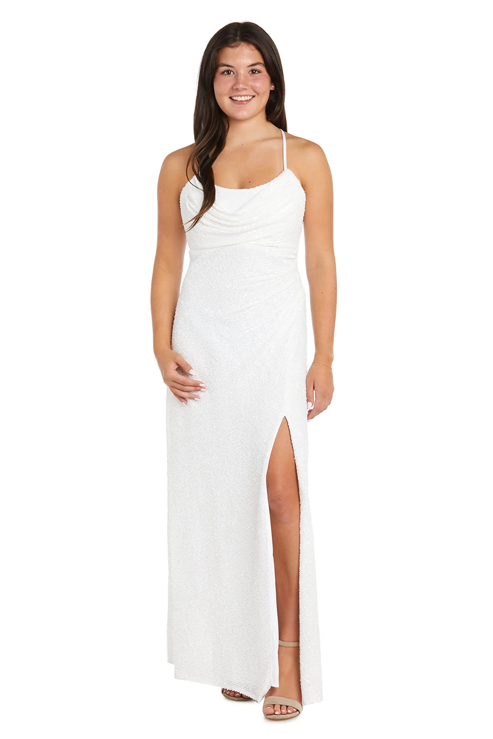 Nightway Juniors' Long Sequin Cowl Neck Gown W/Cross-Back Spaghetti Straps & Side Slit - Prom Cocktail Party White | Radiant Youthful Sparkle