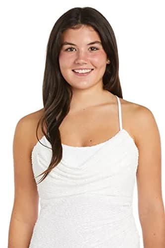 Nightway Juniors' Long Sequin Cowl Neck Gown W/Cross-Back Spaghetti Straps & Side Slit - Prom Cocktail Party White | Radiant Youthful Sparkle thumbnail 2