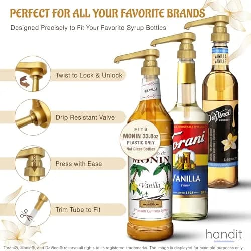 HANDIT Gold Coffee Syrup Pumps | Fits 750ml (25.4oz) Bottles | 2-Pack | Dispenses 0.5oz Per Stroke thumbnail 2
