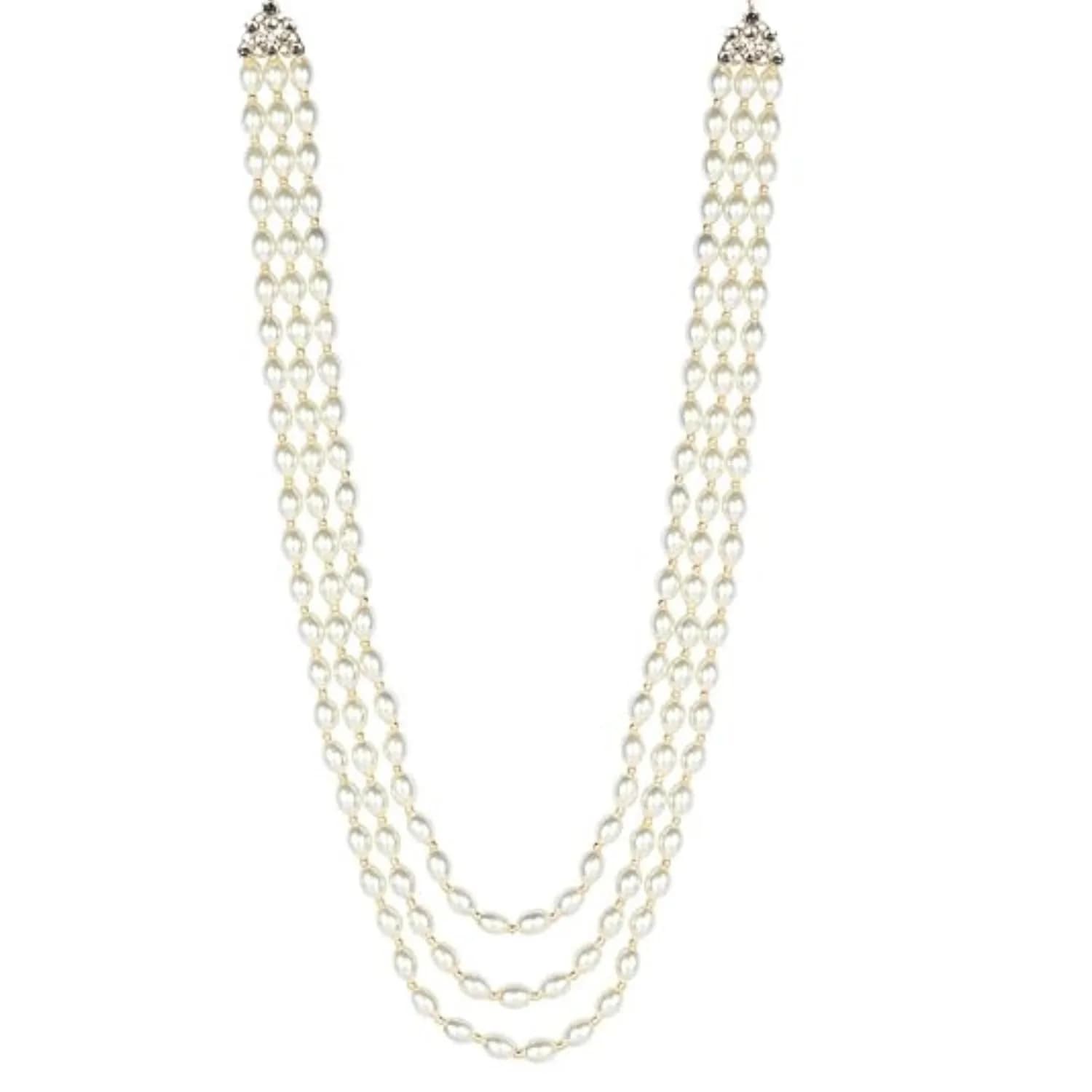 I Jewels 3 Layered Gold Plated Moti Mala Necklace 32cm (12.6in) | Royal Indian Wedding Groom Jewelry - main product image