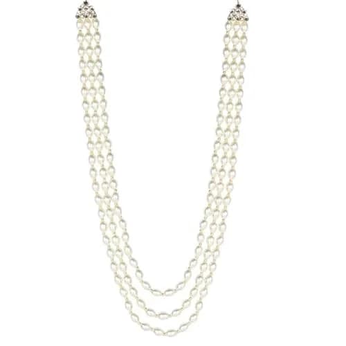 I Jewels 3 Layered Gold Plated Moti Mala Necklace 32cm (12.6in) | Royal Indian Wedding Groom Jewelry thumbnail 1