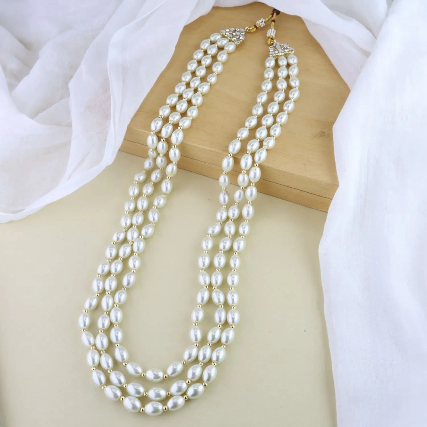 I Jewels 3 Layered Gold Plated Moti Mala Necklace 32cm (12.6in) | Royal Indian Wedding Groom Jewelry - view 2